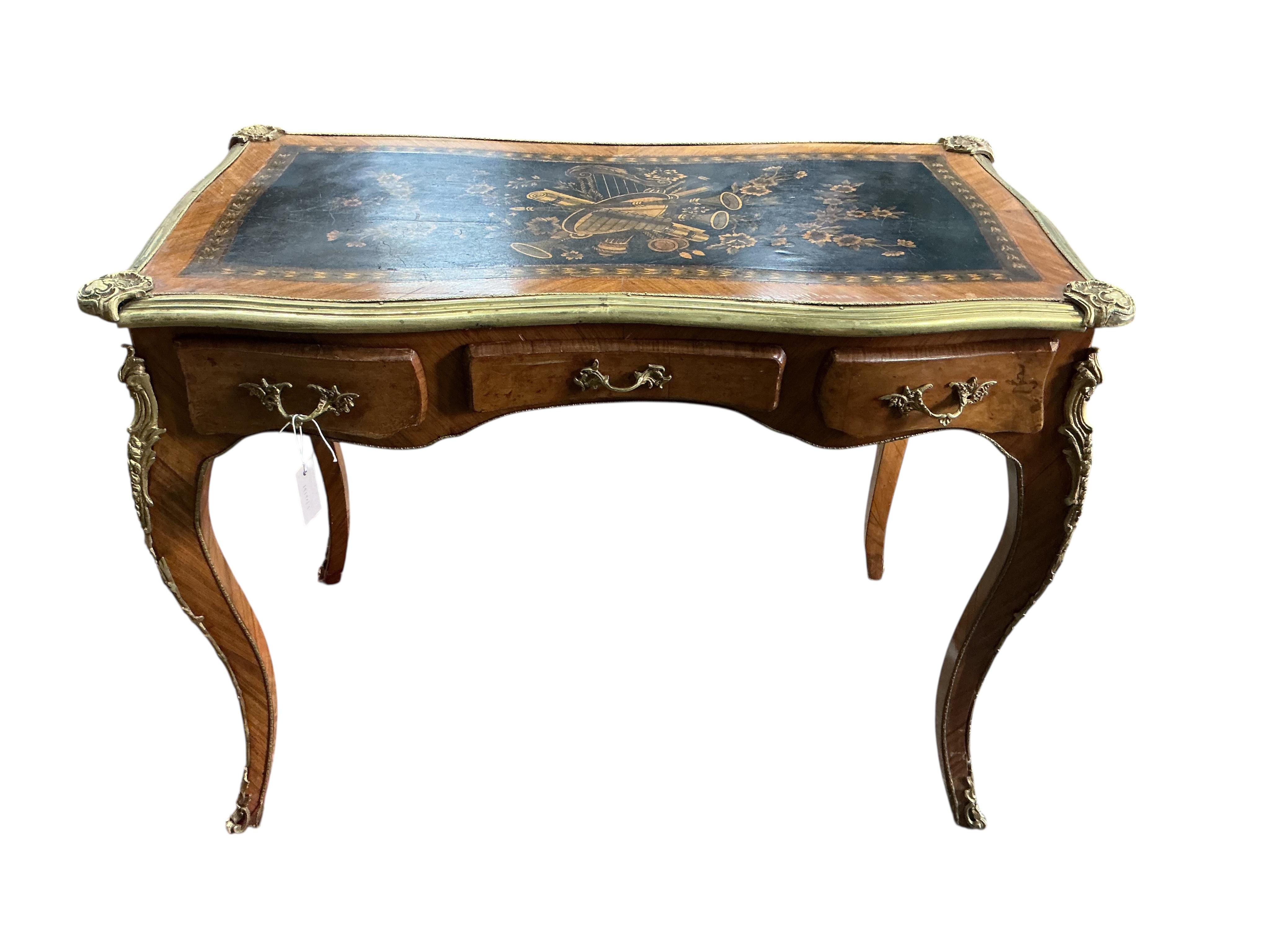 A Louis XVI style gilt metal mounted kingwood bureau plat, width 102cm, depth 55cm, height 80cm